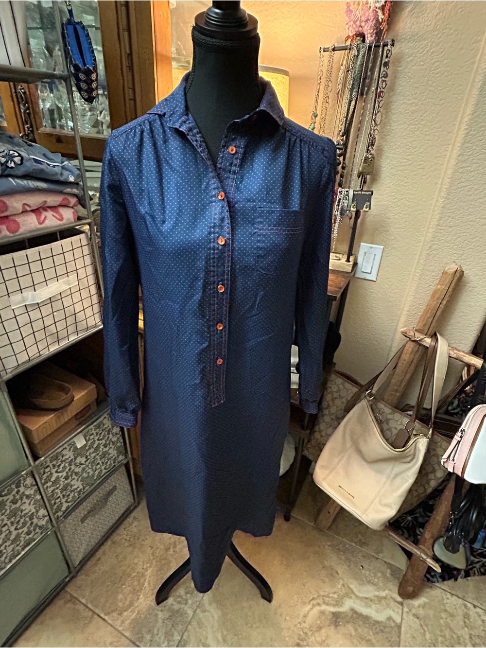 Vintage Schrader Sport Petites Dress Size 6 Navy Coral Dot Button Front